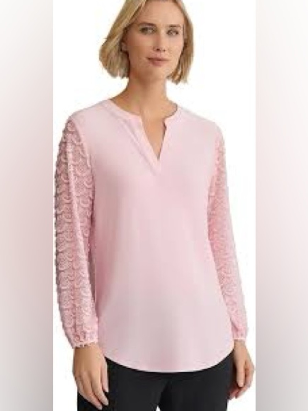 Kasper NWT Pink Lace Sleeve Split Neck Tunic Blouse Top Size L